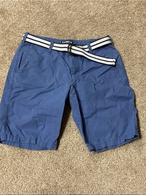 Express Men's Periwinkle Cotton Flat-Front Shorts with Striped Web Belt